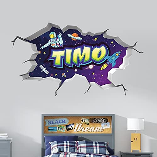 vr67 tjapalo® 3D Wandtattoo Kinderzimmer Astronaut Waddurchbruch Weltall Wandtattoo Junge Name Cooles Wandbild Kinderzimmer jungen mit Namen, Größe: B58xH30cm, Farbe: Weltraum