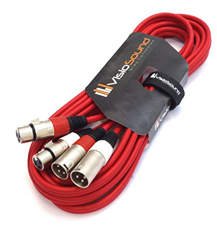 VisioSound 2 x Male XLR to 2 x Female XLR Balanced Microphone Twin Lead/Audio Patch Cable - 3 Colours (5m-red)