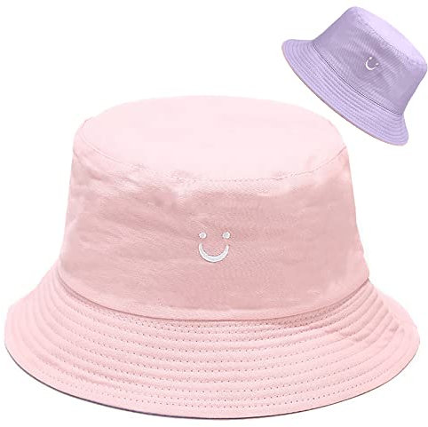 Malaxlx Damen Lächeln Gesicht Bestickt Rosa Lila Fischerhut Bucket Hat Anglerhut Reversibel Fischerhüte Sonnenhut Sommerhut Faltbarer Draussenhut