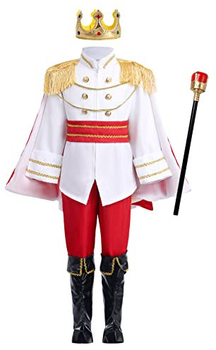 King Costume Kids: Prince Charming Costume for Boys - Royal Prince Outfit with Jacket, Pants, Crown, Scepter, Cape (White, 4-5 Years)
