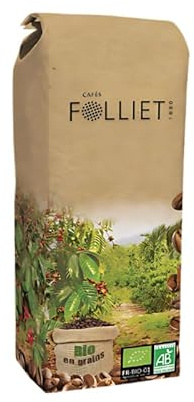 CAFÉS FOLLIET - Café En Grains Bio - Pure Origine Ethiopie - Torréfaction traditionnelle - Intensité 6/10-100% Arabica - 1 kg