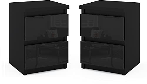 MRBLS Nachttisch 2er Set Nachtschrank Nachtkommode Modern Möbel mit Schubladen Kommode Holz Schubladenschrank für Ihr Schlafzimmer (Schwarz Matt - Schwarz Glanz) – 30 x 40 x 30 cm (B/H/T)