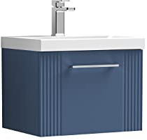nuie DPF391A Deco Modern Bathroom Wall Hung 1 Drawer Part Fluted Vanity Basin Unit with Mid-Edge Ceramic Basin, 500mm, Satin Blue