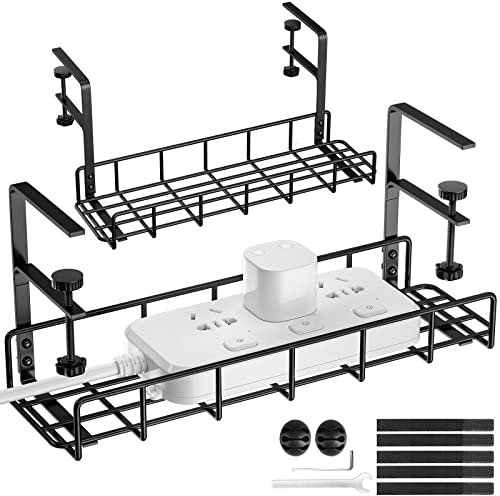 TriPro Cable Management Under Desk - 2 Pack, Upgraded Long Arm Clamp, Inward Or Outward, Keep Under Desk Cable Tidy, Fits Most Tables