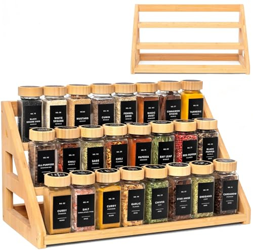 MNADSFKJ Spice Rack, Spice Organizer -3 Tier Bamboo Spice Racks, Solution for Spice Storage in Kitchens, Countertops,Storage Rooms and Other Places