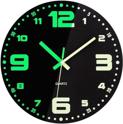 VIVILINEN 12inch Luminous Wall Clock Glow in the Dark Large Digital, Wooden Frameless Wall Clock Silent Non-ticking Decorative Round Clock Easy to Read for Home Bedroom Living Room Kitchen Office
