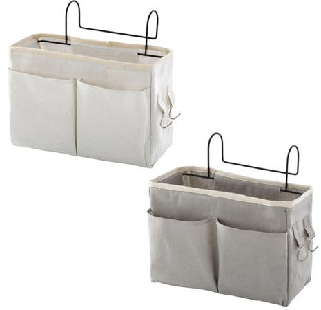 Disnace 2Pcs Betttasche Bett Organizer Hängetasche Aufbewahrungstasche, Hängetasche Faltbares Leinen Stoff Wand Hängender Körbe Organizer für Buch Spielzeug für Schlafzimmer Badezimmer (Weiß+Grau)
