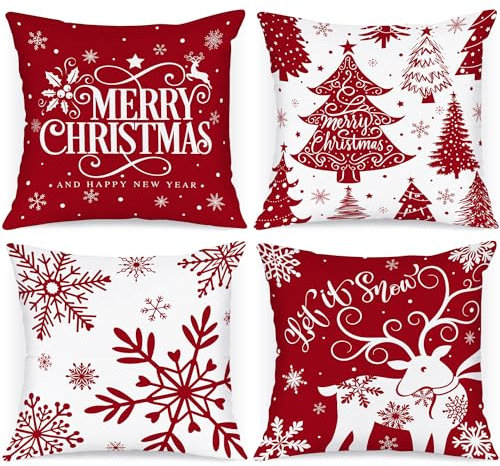 Lanpn 4 Stück Weiß und Rot Kissenbezug Weihnachten Kissenhülle 60x60 cm, Winterliche Schneeflocken Dekorative Weihnachtskissen für Weihnachtsdeko Christmas Bettwäsche Sofa Decorations (Rot)