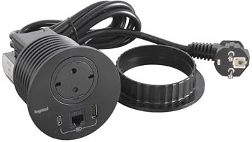 LEGRAND, Incara Disq 80 654711 Prise de Charge USB A+C, Prise de données FTP Cat6 RJ 45, Multiple, encastrable, 15 W, câble de 2 m, 2 fiches P+E, Couleur : Noir