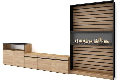 Skraut Home | Wohnwand Wohnzimmer | Wohnzimmermöbel, Möbelset | 360x186x35cm | Für TV-Geräte bis zu 65 | Elektrokamin | Moderner Stil | Eiche Schwarz
