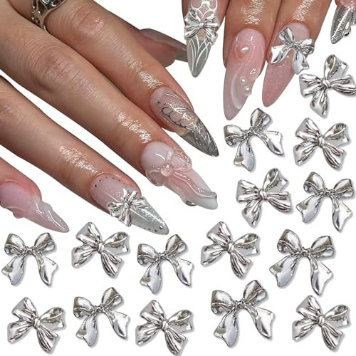 Nayyana 50 Stück Bogen-Nagel-Charms, 3D-Silber-Nagel-Charms, 2 Arten von Legierungsbändern, Schleife, Nagel-Bogen-Charms, Nagel-Strasssteine für Nagelkunst, DIY-Handwerk, Dekoration