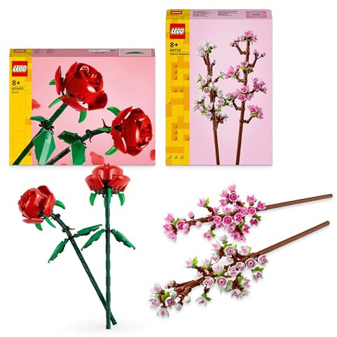 LEGO Creator Rosen- und Kirschblüten-Blumenpaket, Raumzubehör oder Schreibtischdekoration, für Mädchen, Jungen und Blumenfans, Valentinstag-Geschenkidee 40725 + 40460