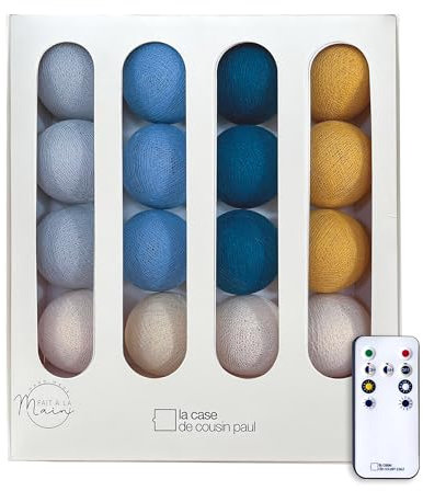 La Case de Cousin Paul Guirlande Lumineuse Chambre Enfant Boules Coton Tissé LED, Télécommande, Programmable, USB, Fabriquée à la Main, Artisanale - 16 Boules (nuit étoilé)