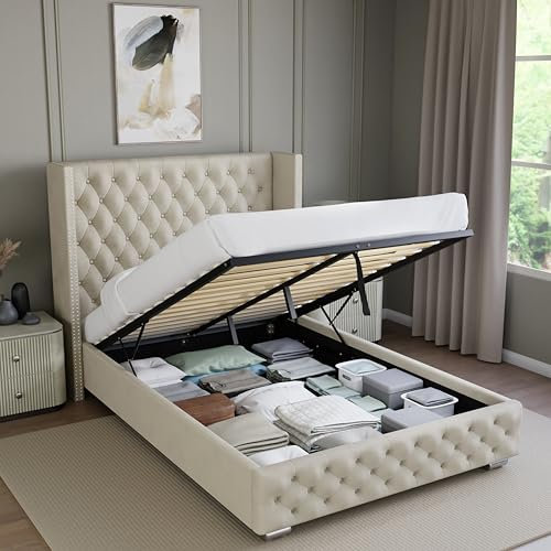 Blisswood Ottoman Bed Frame, 4ft Small Double Bed Frames, Ottoman Bed Frame, Wooden Slats Stylish And Space Saving Bed Frame, Velvet Fabric Storage Bed (4ft Small Double, Beige, No Mattress)