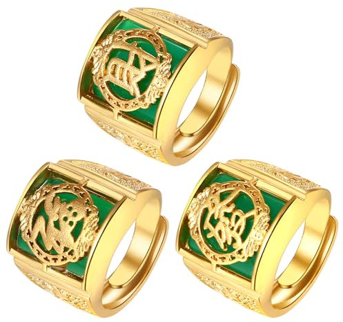 JewelryWe Ringe Herren Vergoldet Siegelringe: 3 Stück Gold Herren-Ring Reich/Glück/Reichtum Offener Goldring mit grüner Oberfläche Bandring Band Gravur verstellbare Größe Geschenk für Männer Vater