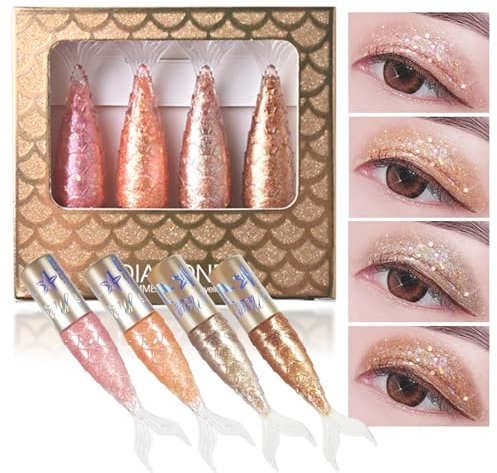 EONFAVE Glitzer Liquid Eyeliner - Nixenform Eyeliner Perlen Schimmern Flüssigkeiten Eyeliner Stift - Hochpigmentiert Augen Make-Up Eyeliner Stift Liquid Eye Pencil (Rosa, Orange, Hellgold, Dunkelgold)