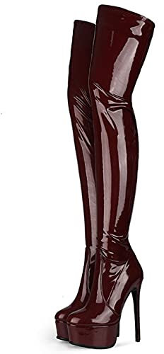 WECCTYA Moda bordeaux Stivali sopra il ginocchio sexy Stivali con tacco alto da donna Stivali alti alla coscia Autunno Inverno Stivali lunghi Scarpe Taglie forti 34-45 (Claret 43 EU)