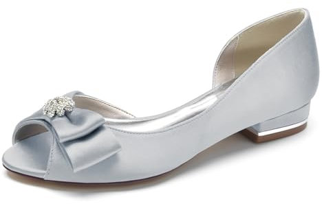 smlekwc Women's Peep Toe Satin Wedding Shoes Ballet Slip on Flat Heel Pumps with Satin Bow Evening Party Prom Dress Shoes,Silver,3 UK