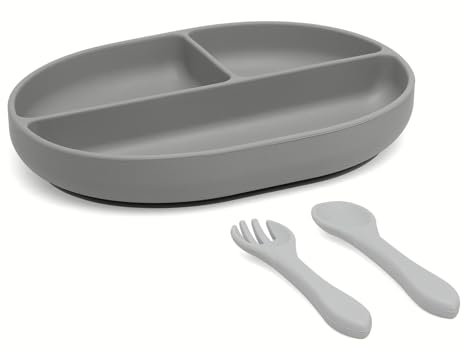 Kiokids Set De Cubiertos Y Bandeja Blw En Silicona Con Divisiones Y Ventosa Gris