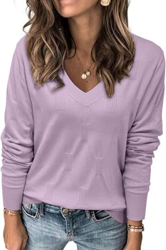 TrendiMax Jersey para mujer, cuello en V, jersey de punto, elegante, otoño, primavera, informal, manga larga, camiseta básica, Fresco Púrpura, M