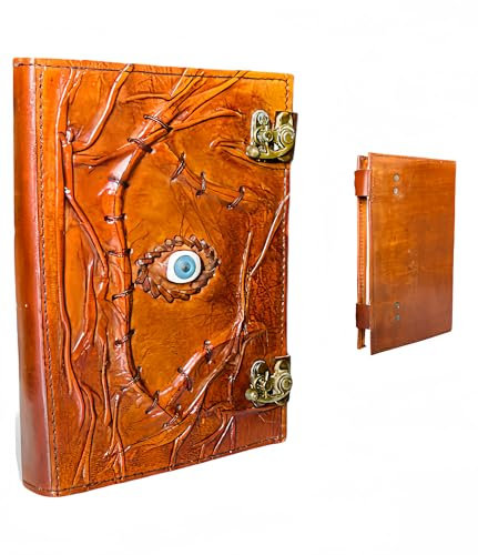Spell Book Vintage Leather Journal with Lock Clasp Refillable 6x9 Notebook with Witch Magic Eye Cover Ideal for Sketching, Writing, Drawing, Journaling, & Witchcraft Wiccan Halloween Decorations Prop