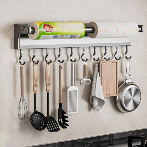 Edumov Küchenrollenhalter Ohne Bohren, 50CM Rollenhalter Küche, Küchenrollenhalter Wand, Selbstklebend oder Bohrbarer, Küchenrolle Halter, Küchenpapierhalter mit Haken
