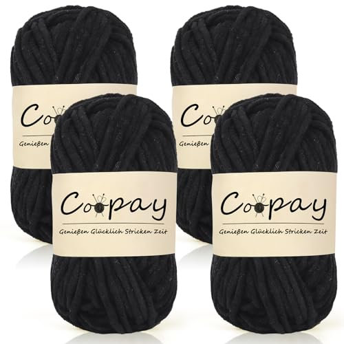 Coopay Chenille Chunky Wolle zum Häkeln Dickes Garn, 4 x 50g Dicke Wolle zum Stricken, Super Flauschig Weiches Wolle für Babydecke, Grobes Chenille-Garn für Hüte, Schals, Socken, Taschen - Schwarz
