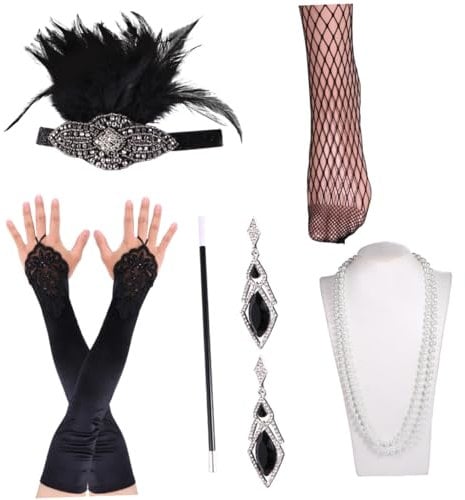 DEARMAMY 6stücke Teiliges Flapper Kostümset Mit Stirnband Halskette Handschuhen Ohrringen Und Feder-accessoires Für Jahre Partys Und Mottopartys