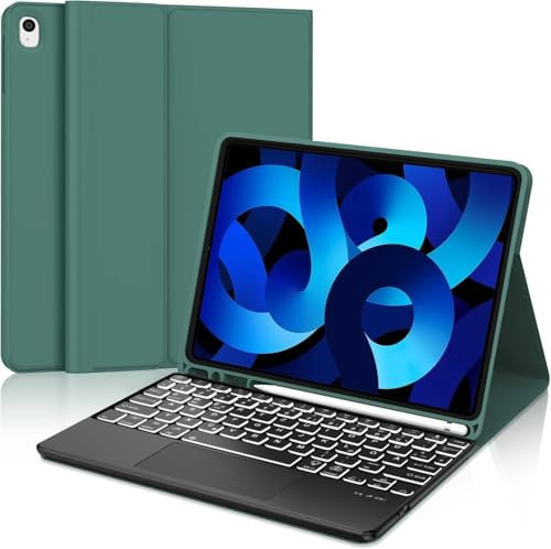 Hülle mit Tastatur für iPad Air 11 Zoll (M3/M2) 2025/2024, Tastatur Hülle für iPad Air 5/4 gen und Pro 11 4/3/2/1 Gen, 7 Farben Beleuchtete, Bluetooth Magnetisch QWERTZ Layout (Dunkelgrün-Touchpad)