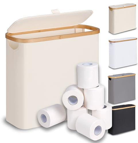 efluky 28L Cestino per Carta Igienica con Coperchio, Cesto Portaoggetti in Bambù Stretto Cestino Bagno Porta Carta Igienica, Porta Rotolo Carta da Terra per 9-12 Rotoli di Carta Igienica, Beige