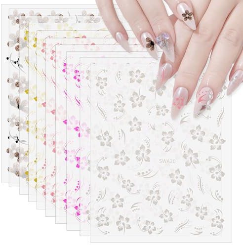 10 Blatt Blumen Nagelsticker, Sommer Blumen Nagelsticker 3D-Nagel Aufkleber Hibiskusblume Selbstklebende Nagelaufkleber für Frauen Mädchen Nageldekoration Rosa und Weiß