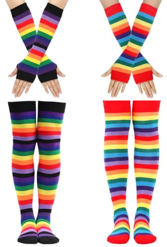 Chenflying 2 Pcs Womens Girls Cosplay Rainbow Striped Knee High Socks Stockings Leg Arm Warmer Fingerless Gloves Set (UK, Numeric, 4, 8, Regular, Regular, Black+red)