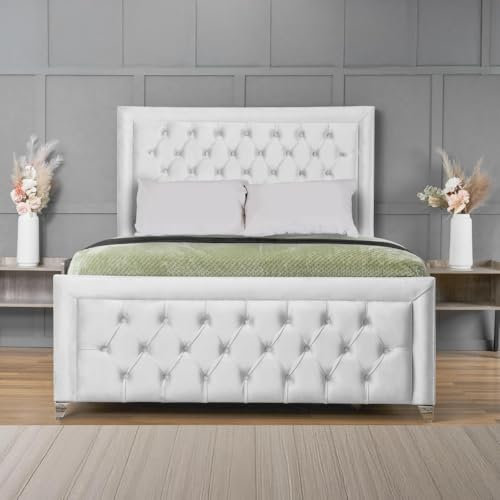 Living Comfort Bedz – Hilton Wingback Bed - Plush Velvet Headboard & Footboard - Gas Lift Storage & Slats Base (White, Small Double - Gas Lift)