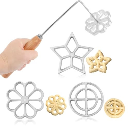 3Pcs Rosette Iron Set,Bunuelos Mold with Handle,Aluminum Alloy Bunuelos Cookie Press Mold,3 Shapes(Star/Flower/Circle),Funnel Cake Maker Cooking Stamp Maker Kit,for Kitchen Baking
