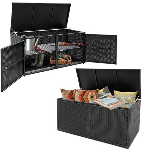 LIFEZEAL Caja de almacenaje de 2 niveles de ratán PE, Baúl grande con 2 puertas y tapa, Armario para jardín, balcón, piscina, salón, interior exterior, 115x60x65 cm (Negro)