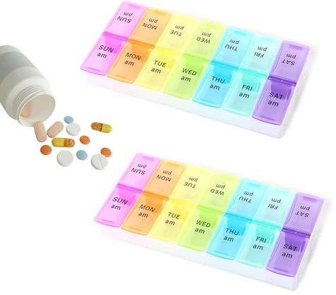 PHMING 2 Stück Medikamentenbox 7 Tage mit 2 Fächern, Tablettenboxen für Morgens und Abends, Pillendose 7 tage 2 fächer für Vitamine, Fischöl und Tabletten, Praktischer Wochenvorrat