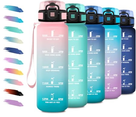 Gourde 1L, Gourde Sport avec Filtre, Anti-Fuite & Réutilisable, Bouteille d'eau Motivante avec Marquages de Temps, Facile à Nettoyer, Bouteille pour Voyage, Randonnée, Cyclisme, Fitness, Voyage