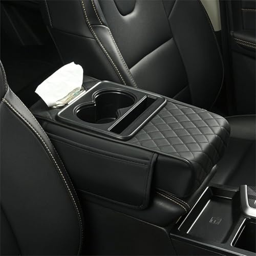 Multifunctional Car Armrest Cushion, Integrated Pressurized Multifunctional Car Armrest Heightening Pad, with 2 Storage Cup Holder, Tissue Box & Side Pockets for Most Models (Black)