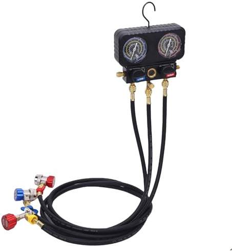 aqxreight Ensemble de Manomètres de Climatisation Automobile, avec Tuyaux, Soupapes de sécurité et Adaptateurs pour Réfrigérants R410A, R32, R134A, R22, 0 à 800 Psi, Laiton