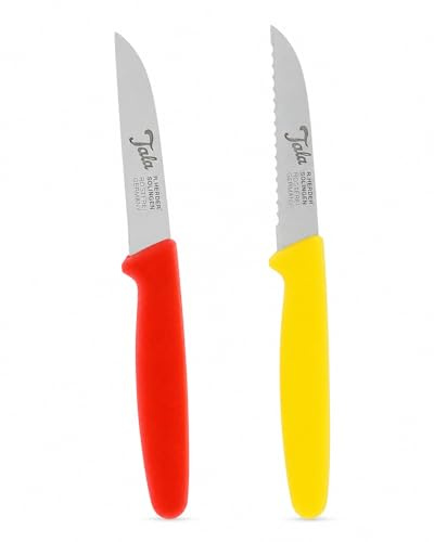 R. Herder Gemüsemesser Set 2x Solingen Küchenmesser Edelstahl, Rot & Gelb | Schälmesser mit Handabzug & Wellenschliffmesser, rostfrei mit PP-Griff, spülmaschinengeeignet für Obst, Gemüse & Brötchen