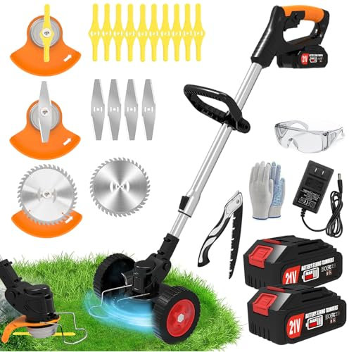 Electric Weed Wacker Cordless Eater Battery Powered, 21V Lightweight No-String Weed Trimmer with 2 Battery Operated & Wheels, 3 in 1 Stringless Grass Trimmer/Edger/Brush Cutter for Garden Yard Lawn