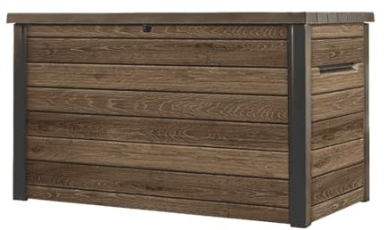 Keter Signature Aufbewahrungsbox 870L Walnuss - Gartenbox mit Holzoptik & Sitzfunktion - Wetterfeste Kissenbox mit Gasdruckfedern