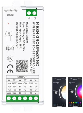 aixi-SHS Regolatore LED WiFi Tuya 5 in 1 - bianco caldo/bianco freddo dimmerabile, CCT, RGB, RGBW, RGBWC/RGBCCT DC5-24V, Controllo vocale Alexa Google Assistant