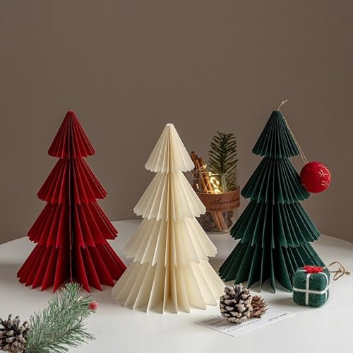 3 Stücks Papier Weihnachtsbaum Tannenbaum Waben Deko Tanne Weihnachten Faltbarer Papiertannenbäume Tischdeko Weihnachtsdeko Innen für Esstisch Schrank Fensterbank Kaminsims Büro (3pcs/Grün&rot&weiß)