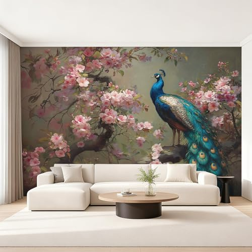 Generisch Fototapete Pfau, Vliestapete Kirschblüten Chinesisch Orientalisch Wandtapete, Tapete 200x140 cm Wohnzimmer Schlafzimmer Wanddekoration, Motivtapete EL&D74