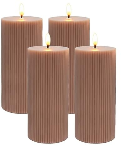 Relaxdays LED Kerzen, 4er Set, HxD: 18 x 7,5 cm, flackernde Flamme, Echtwachs, Rillen, flammenlose Blockkerzen, Farbwahl