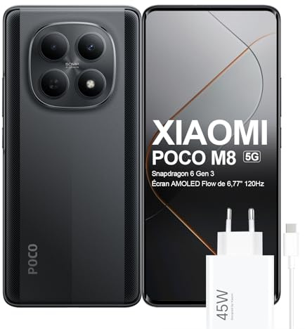 XIAOMI POCO M8 5G Smartphone, Snapdragon 6 Gen 3, 6,77 Pantalla Flow AMOLED 120Hz, 5520mAh Batería+45W Carga Turbo, 50MP Cámara Dual AI, IP65+Resistencia a Caídas de 1,7m (Negro, 512, GB, 8, GB)