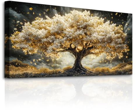 JHHUAMO Leinwand Bilder Modern Gold Baum des Lebens Wohnzimmer 59x119 cm | Lebensbaum Bild, Hochauflösender Druck, Stabiler Rahmen, Einfaches Aufhängen, Vielseitig Einsetzbar