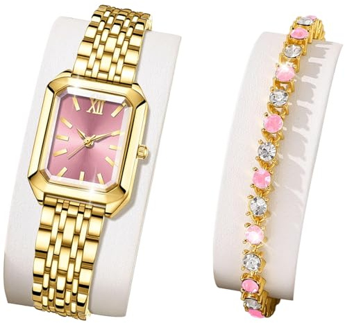Tressify Lot de 2 montres et bracelets pour femme en alliage doré avec cadran rose - Montre carrée élégante et simple - Cadeau tendance sophistiqué pour elle