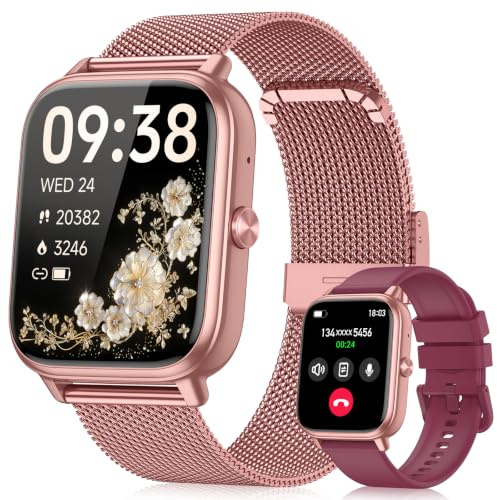 paybay Smart Watch for Women Men- 1000mAh Battery Answer/Make Call, Fitness Step Counter Watch with110+ Sport for Andriod iPhone iOS Compatible (Rose Gold Case w/Wine Red & Rose Gold Milannese)